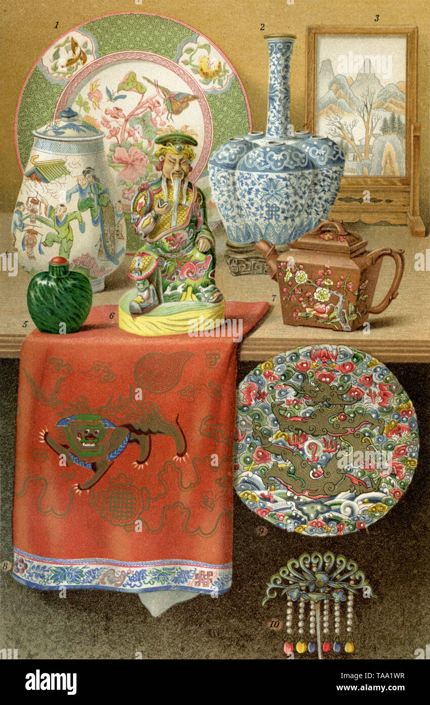 L'art chinois 1 plaque de cuivre émaillé, 2 vases en porcelaine (Siwen-te, 1426-1436), 3 parapluies, stéatite peinte porcelaine 4 vases clos (Ming, 1368-1644), 5 bouteilles de tabac à priser, flux de verre vert 6 La guerre dieu Kwan-ti de tasses, 7 Théière d'argile (I-hing-Hien), 8 autel brodé drap de tissu rouge, d'une broderie de soie 9 Robe de femme, en épingle 10 plumes d' émail , (encyclopédie, 1898) Banque D'Images