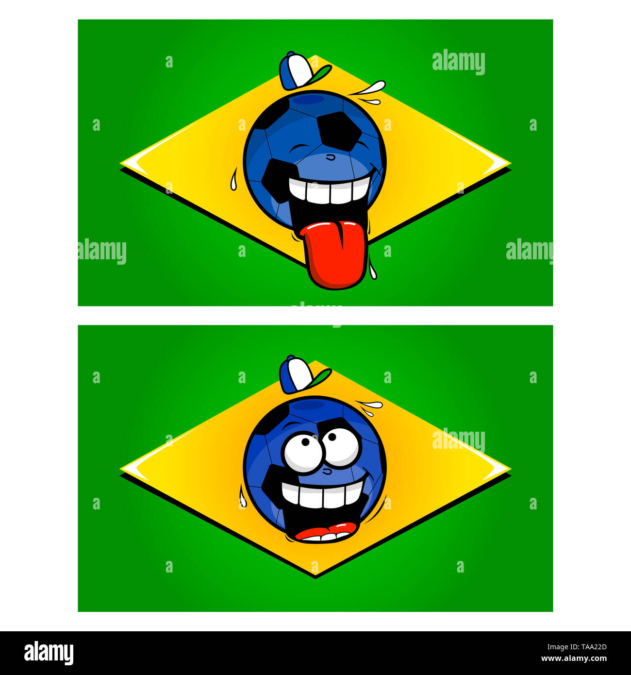 Ballon de football drôle avec des drapeaux du Brésil. Personnages de football de dessins animés dans les drapeaux brésiliens. Banque D'Images