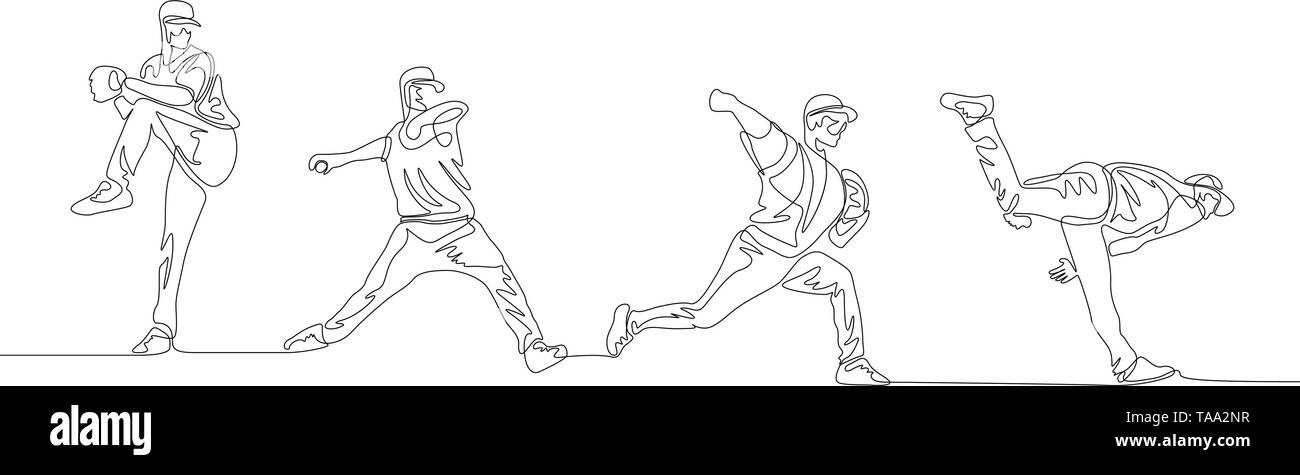 Ligne continue l'illustration montre étape par étape le processus de lancer une balle de baseball Illustration de Vecteur