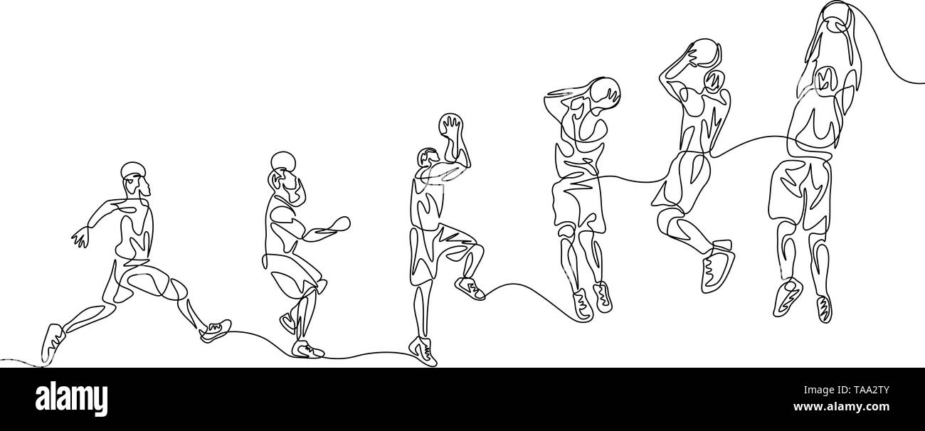 Joueur de basket-ball en ligne continue de faire étape par étape slam dunk Illustration de Vecteur