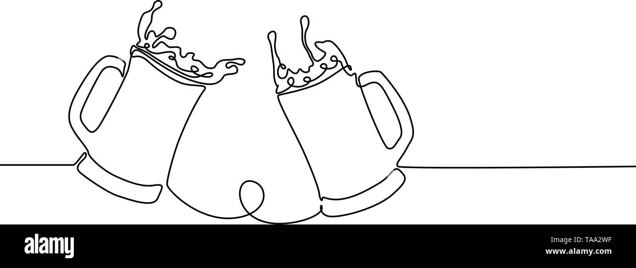 Ligne continue avec des touches de verres à bière, de la bière de pulvérisation. Vector illustration. Illustration de Vecteur