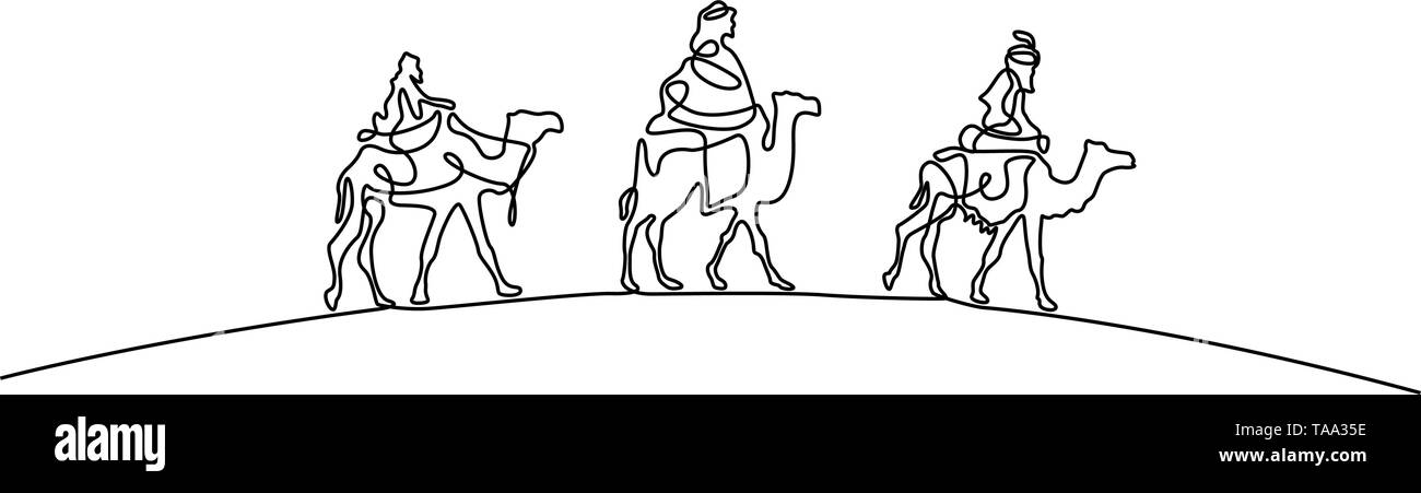 Caravane de chameaux dans le désert. Trois chameaux. Nouvelle année islamique. Dessin de ligne continue. Vector illustration. Illustration de Vecteur