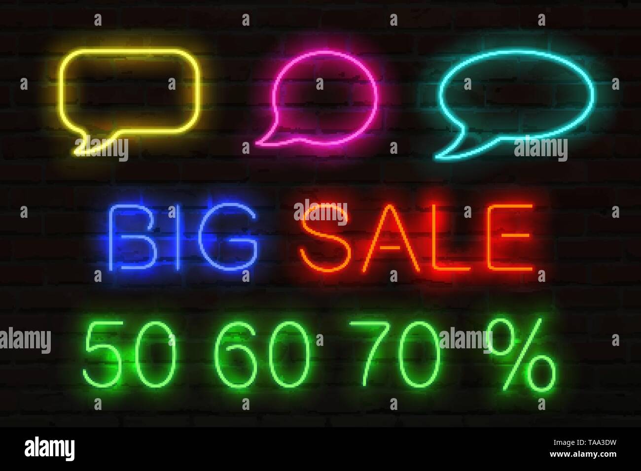Ensemble d'enseignes au néon lumineux avec des ventes. Bulles de texte, titre et grande vente 50, 60, 70 pour cent la vente à l'extérieur. Illustration de Vecteur
