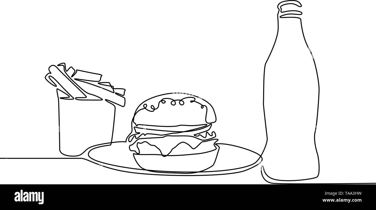 Ligne continue, frites, hamburger et de soude. Thème de la restauration rapide. Vecteur. Illustration de Vecteur