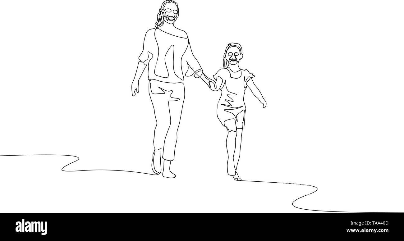 Une ligne continue mother and daughter walking holding les mains Illustration de Vecteur