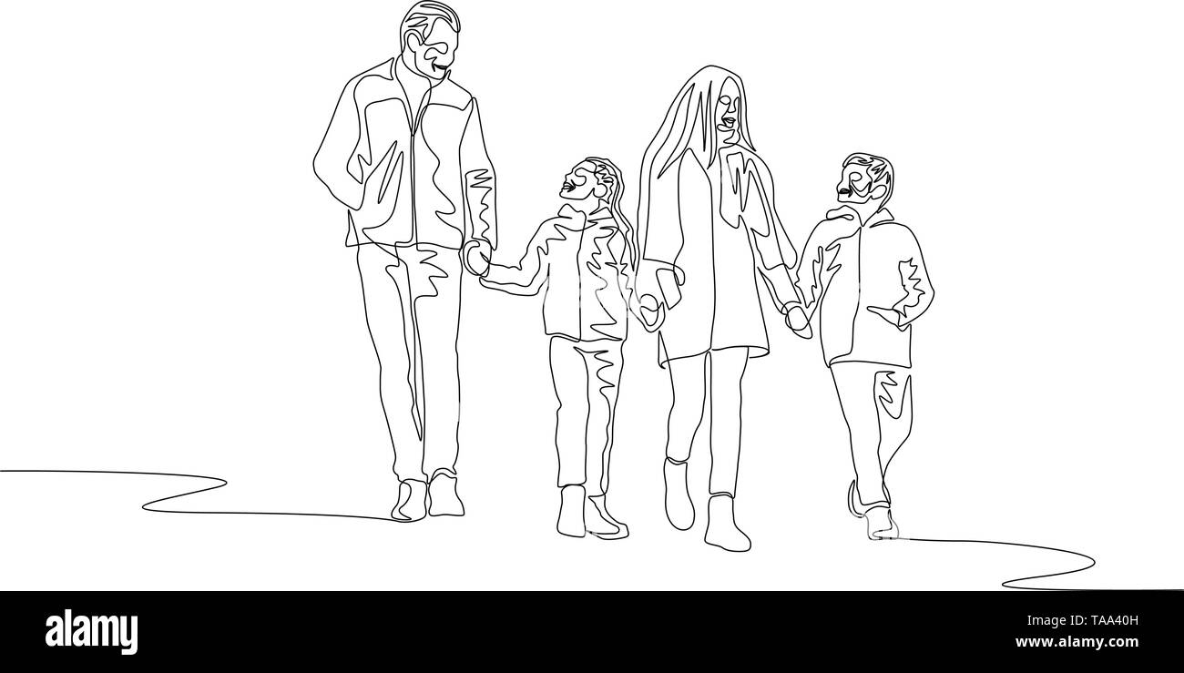 Une ligne continue happy family walking together tenant ses mains Illustration de Vecteur