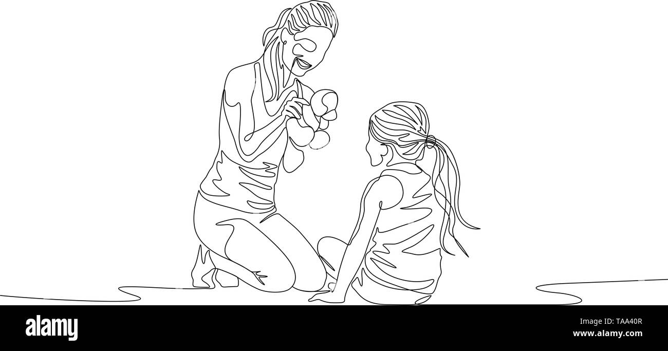 Une ligne continue mère et fille siiting et jouer avec ses jouets Illustration de Vecteur