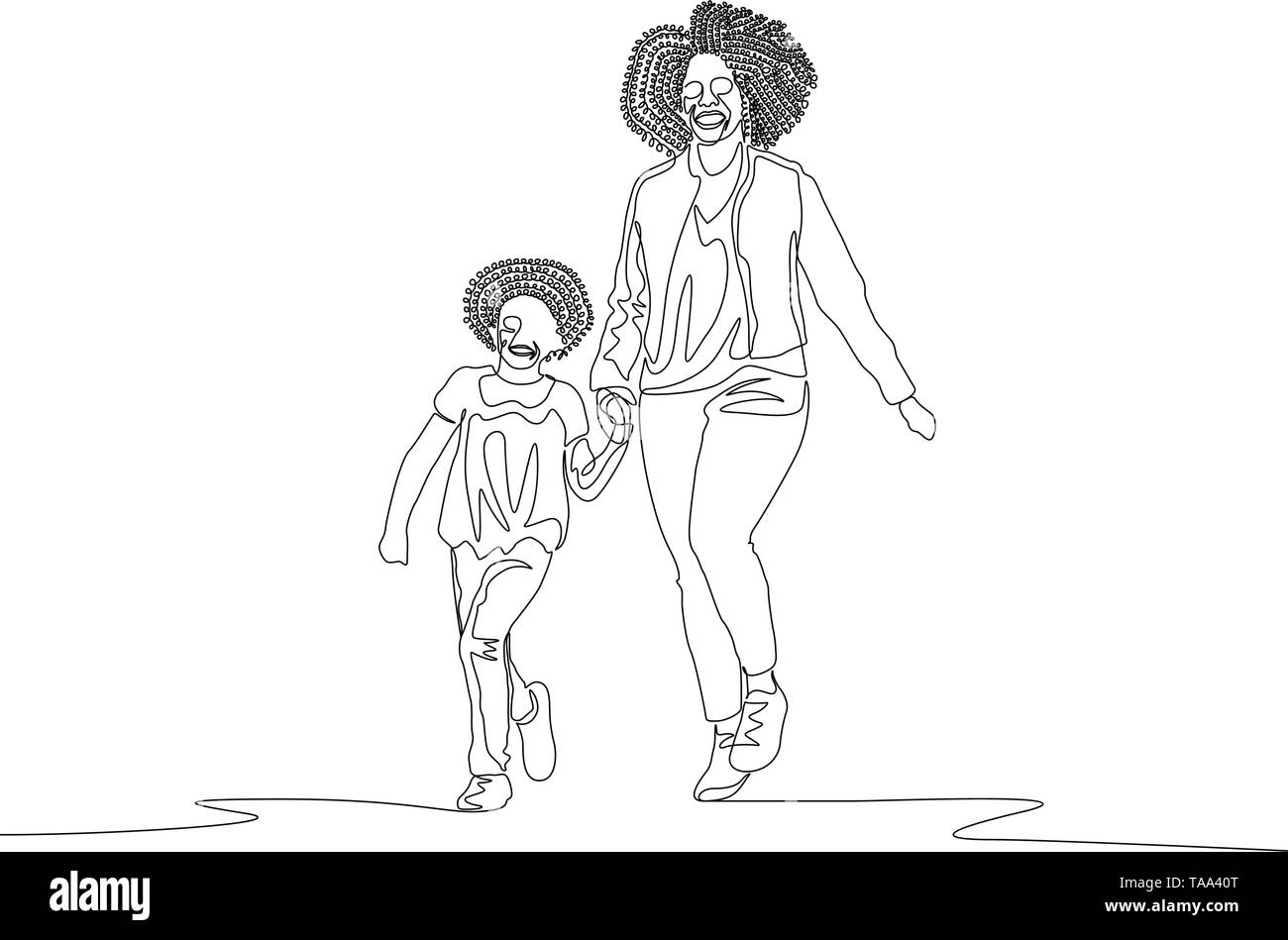 Ligne continue mère et fille avec quelques poils frisés qui tiennent la main Illustration de Vecteur