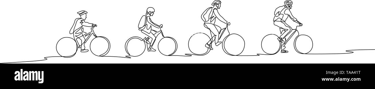 Ligne continue sur les bicyclettes de la famille rendez-vous à pied. Concept de la famille Illustration de Vecteur