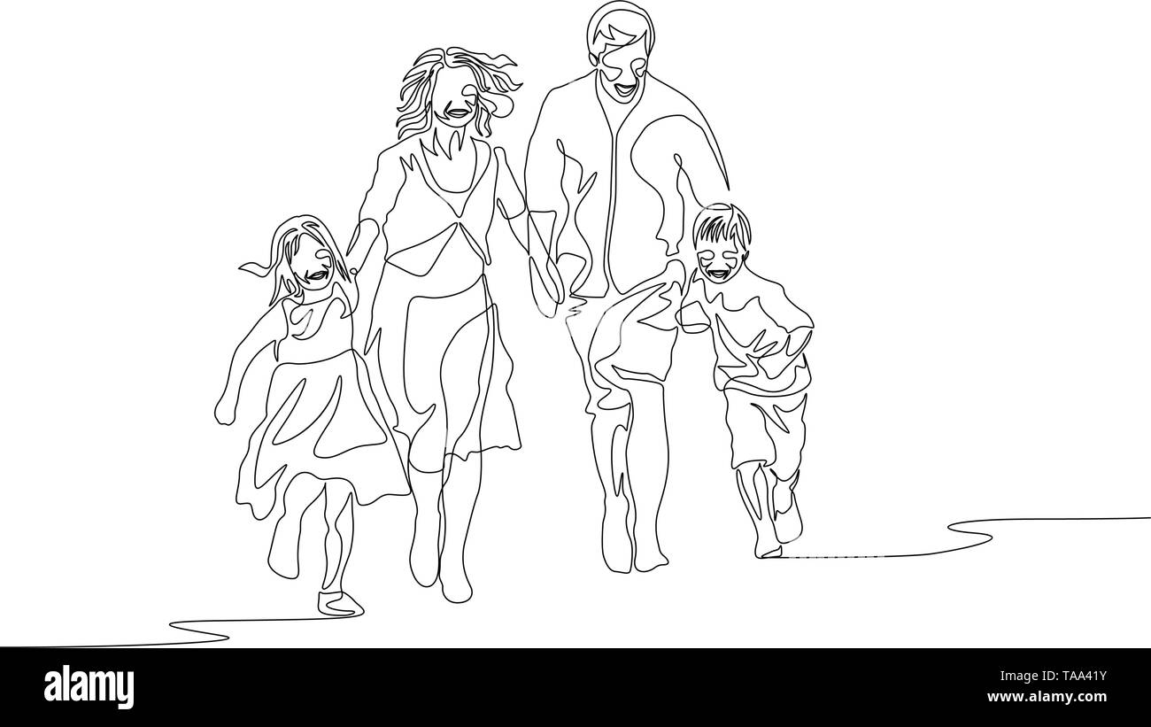 Une ligne continue balades familiales tenant ses mains et tournant à l'appareil photo Illustration de Vecteur