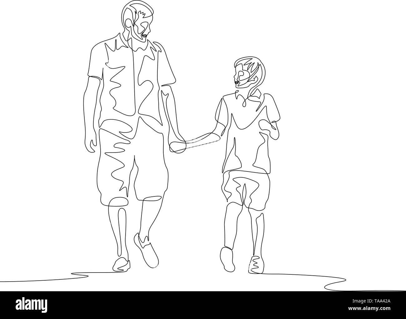Une ligne continue père et fils la marche et chating tenant ses mains Illustration de Vecteur