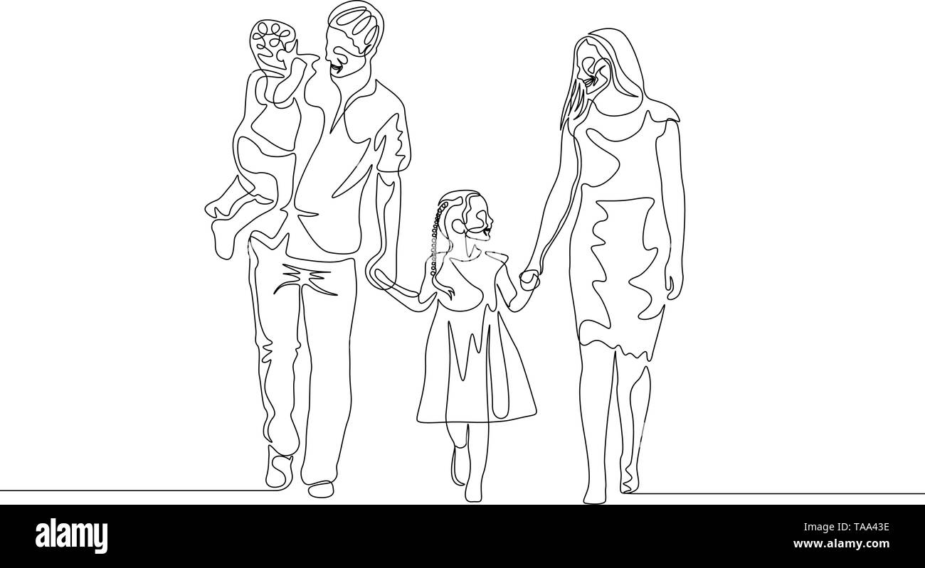 Une ligne continue happy family walking tenant ses mains. Père Fils tient dans ses bras. Concept de la famille Illustration de Vecteur