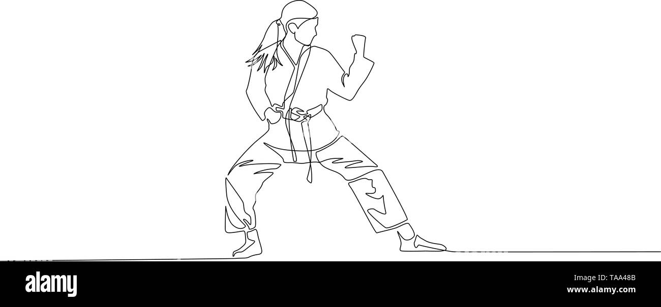 Karate girl est debout dans une pose de combat de dessin de ligne continue. Vector illustration. Illustration de Vecteur