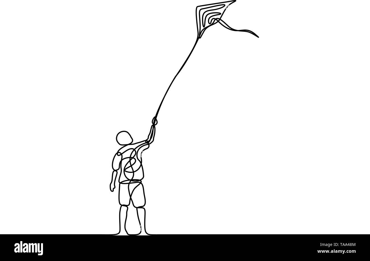 Dessin de ligne continu Makar Sankranti, homme avec fly kite. Vector illustration. Illustration de Vecteur