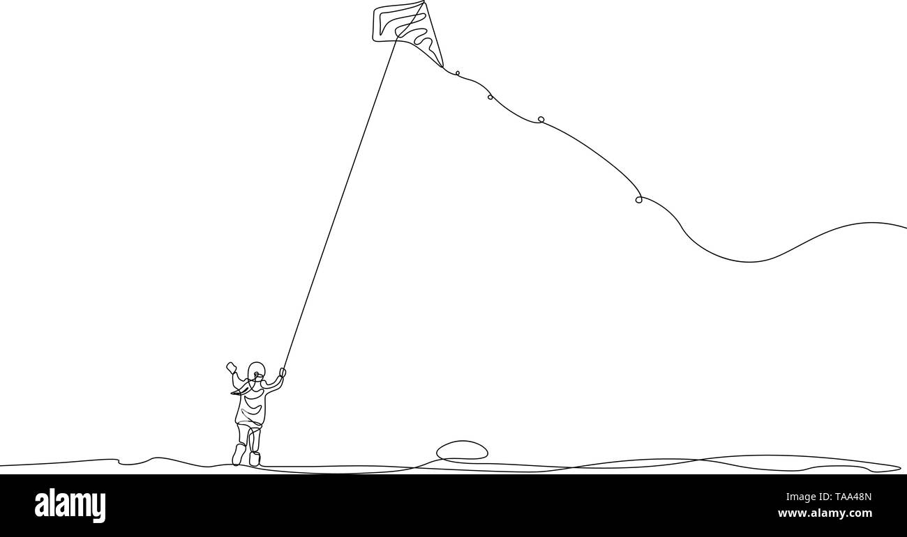 Dessin de ligne continu homme heureux avec flying kite, Makar Sankranti. Vector illustration. Illustration de Vecteur