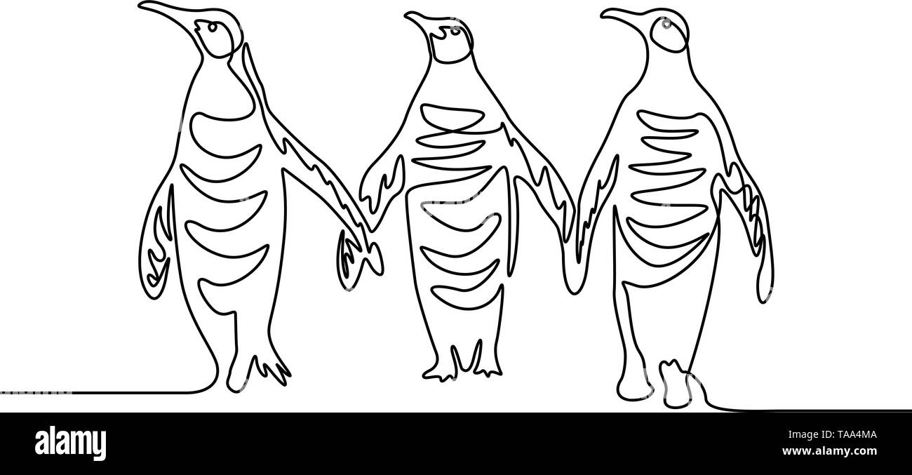 Dessin de ligne continu trois pingouins. Groupe de pingouins. Illustration de Vecteur