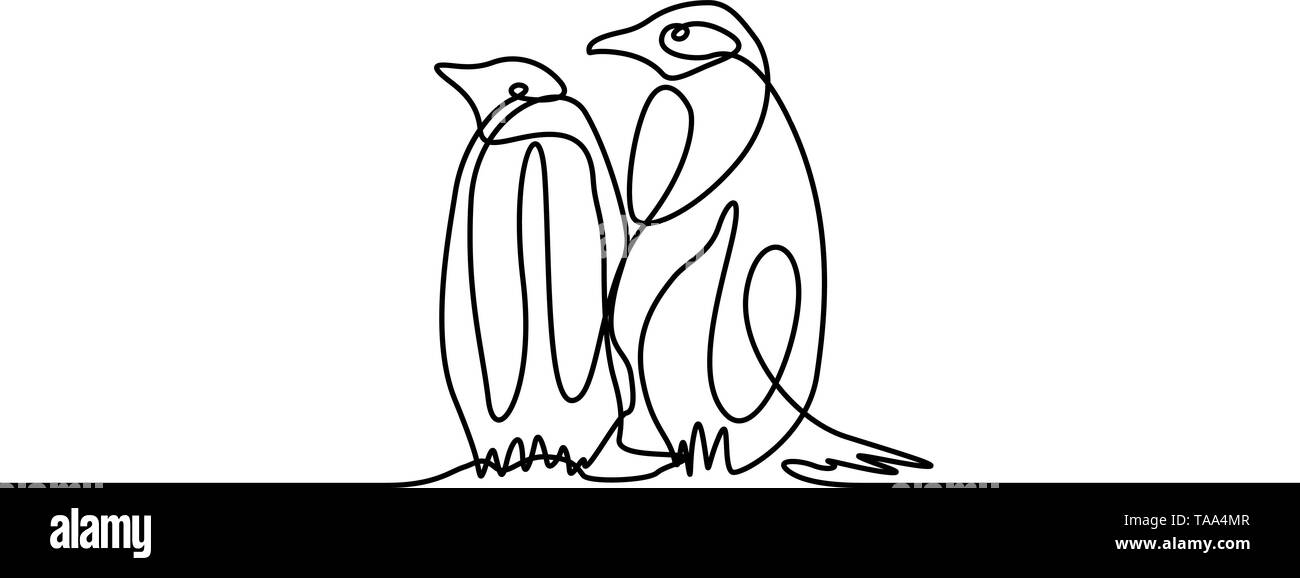 Dessin de ligne continu deux pingouins sont debout à proximité. La nature, la faune. Illustration de Vecteur