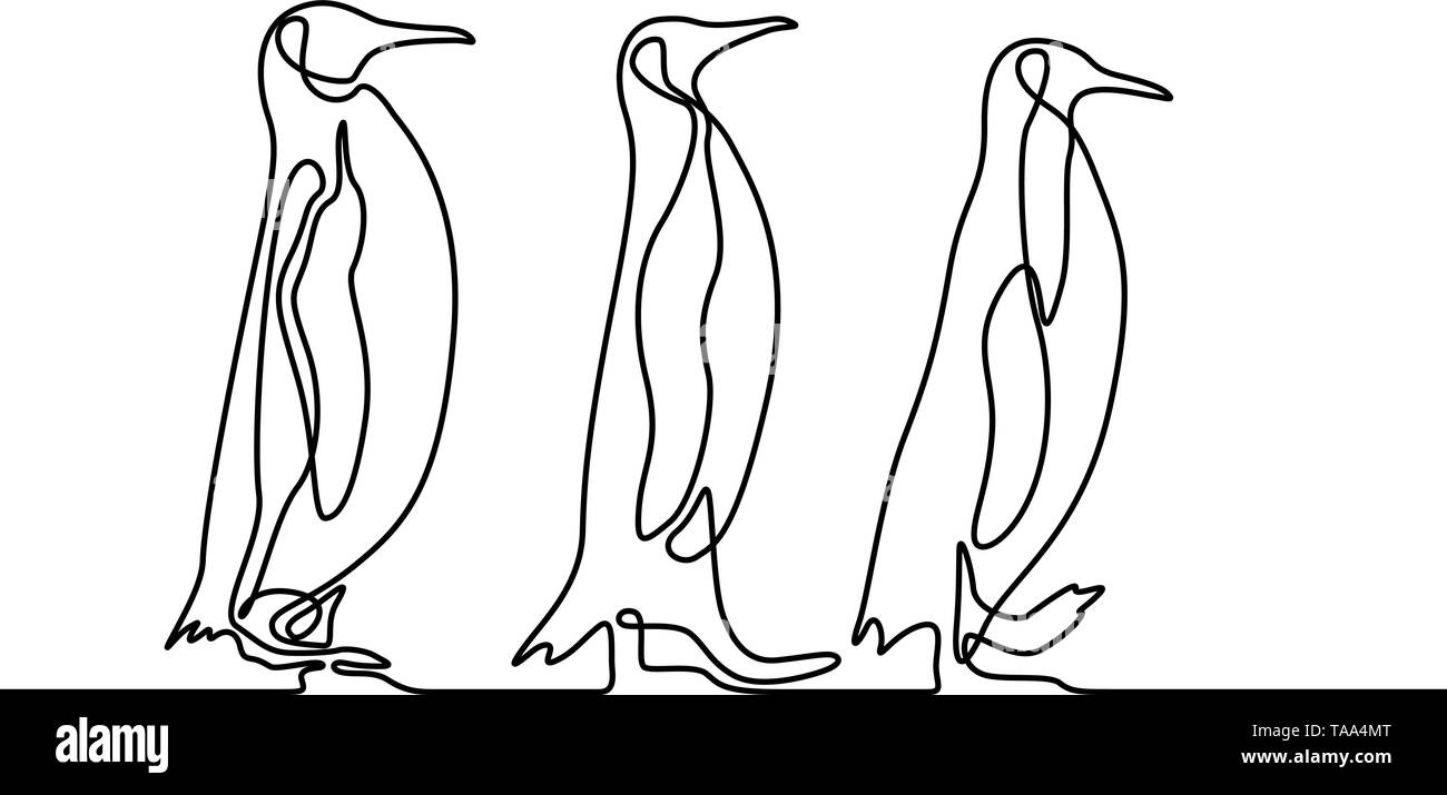 Dessin de ligne continu trois pingouins suivent l'un l'autre. Concept de voyage. Vecteur. Illustration de Vecteur