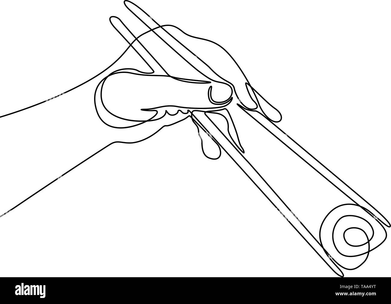 Ligne continue hand holding baguette pour manger Sushi roll Illustration de Vecteur