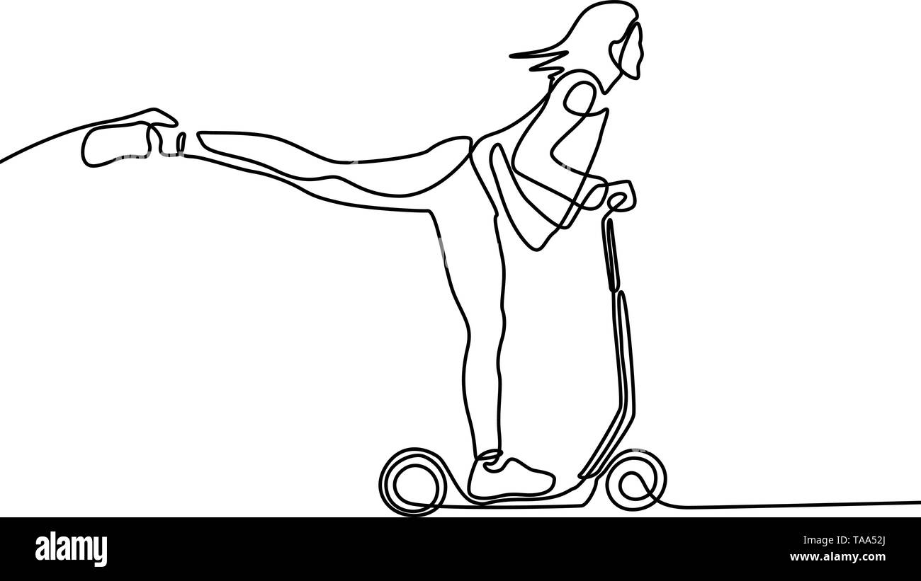 Ligne continue femme rides un scooter électrique avec jambe levée Illustration de Vecteur