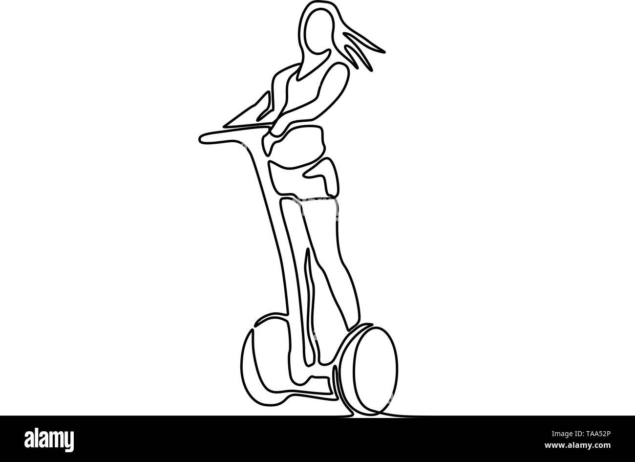 Ligne continue femme rides un scooter électrique, Vector illustration. Illustration de Vecteur