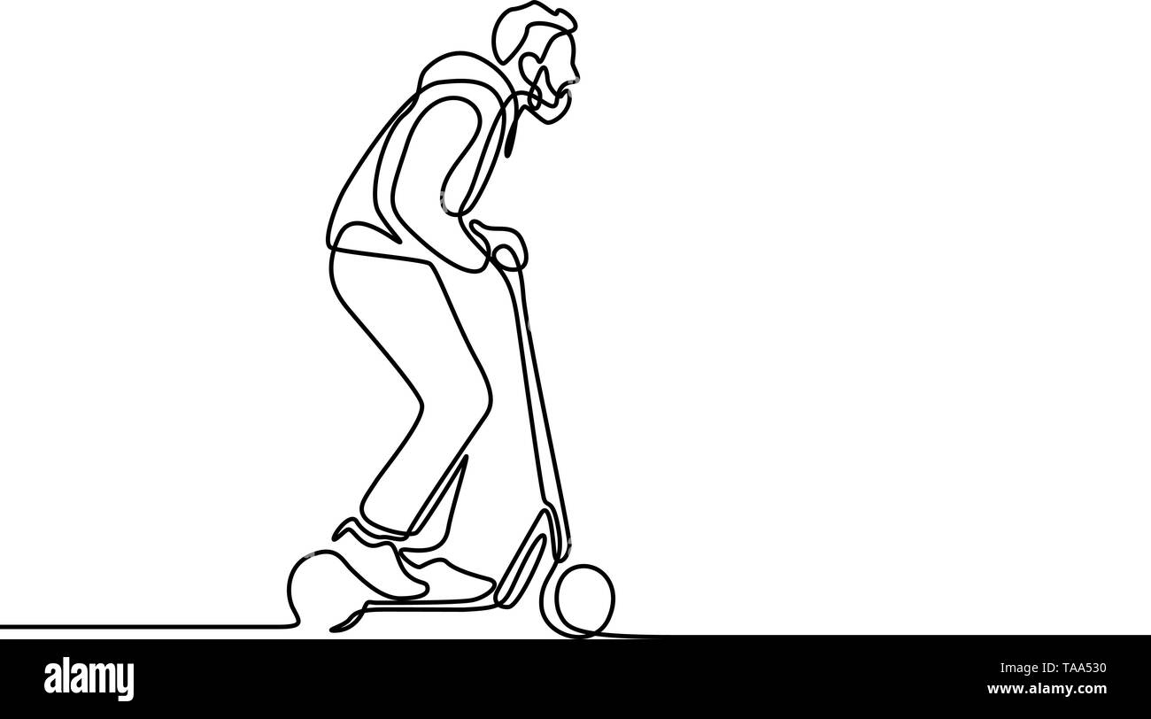 Ligne continue man rides un scooter électrique. Vector illustration. Illustration de Vecteur