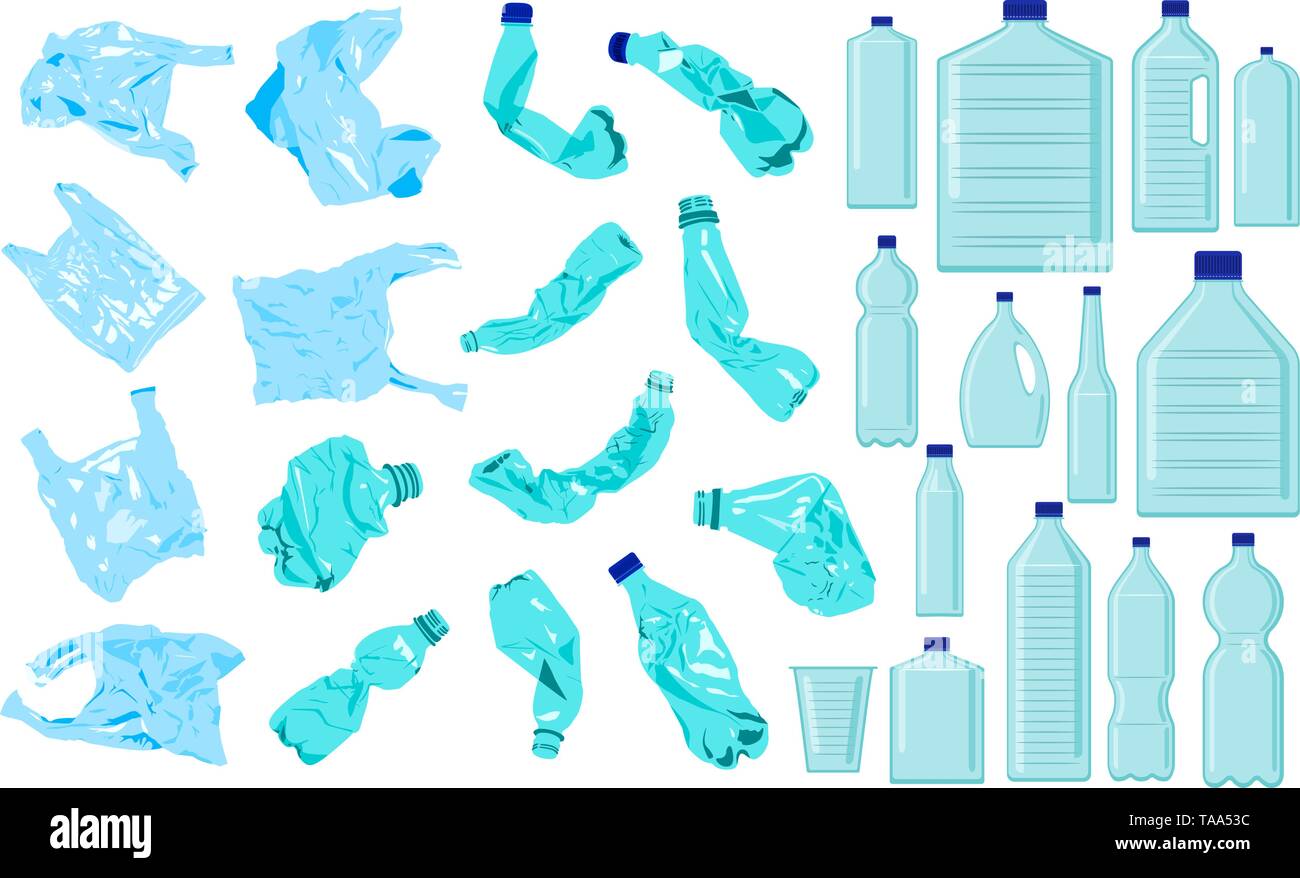 Ensemble de sacs de cellophane, crumble de bouteilles et flacons plastiques. La pollution plastique. Problème de l'écologie Illustration de Vecteur