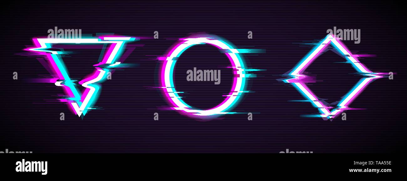 Glitch ensemble d'allumé en cercle, triangle et rhombus avec effet de distorsion Illustration de Vecteur