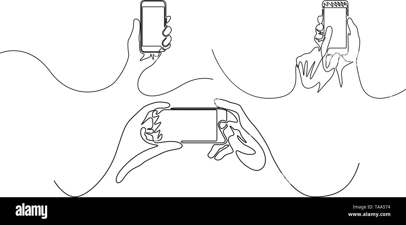 Ligne continue ensemble de main holding smartphone. Gadgets. Vector illustration. Illustration de Vecteur