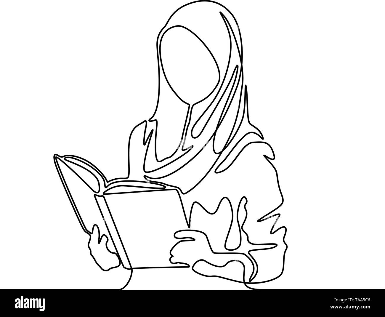 Ligne continue femme musulmane student reading a book. Vector illustration. Illustration de Vecteur