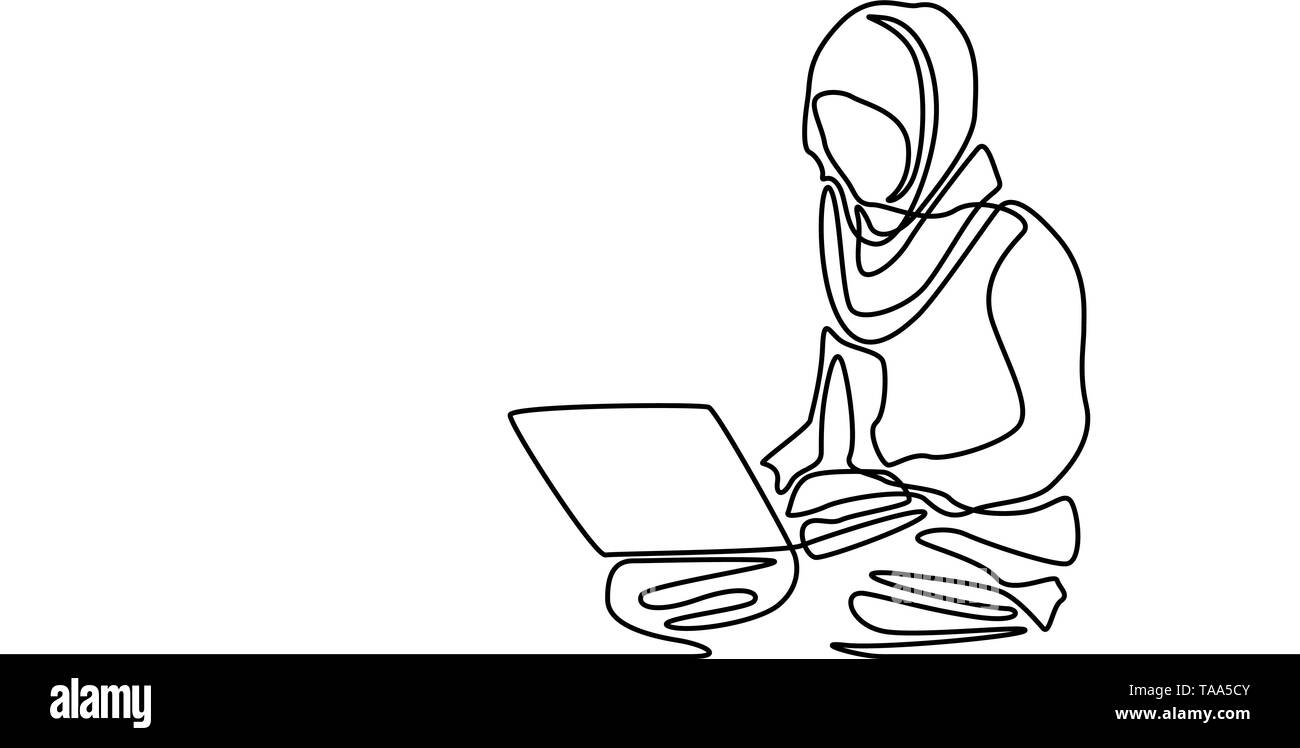 Ligne continue femme musulmane ou avec l'aide d'ordinateur portable. Vector illustration. Illustration de Vecteur