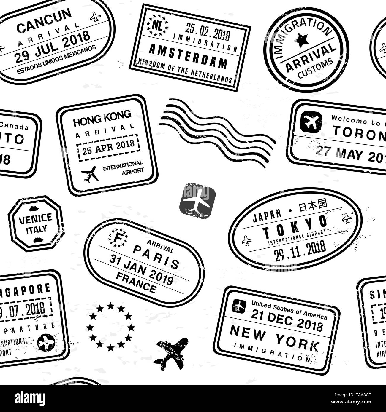 Arrière-plan de voyage - collage de timbres de passeport. Ensemble de timbres fictifs. Illustration de Vecteur
