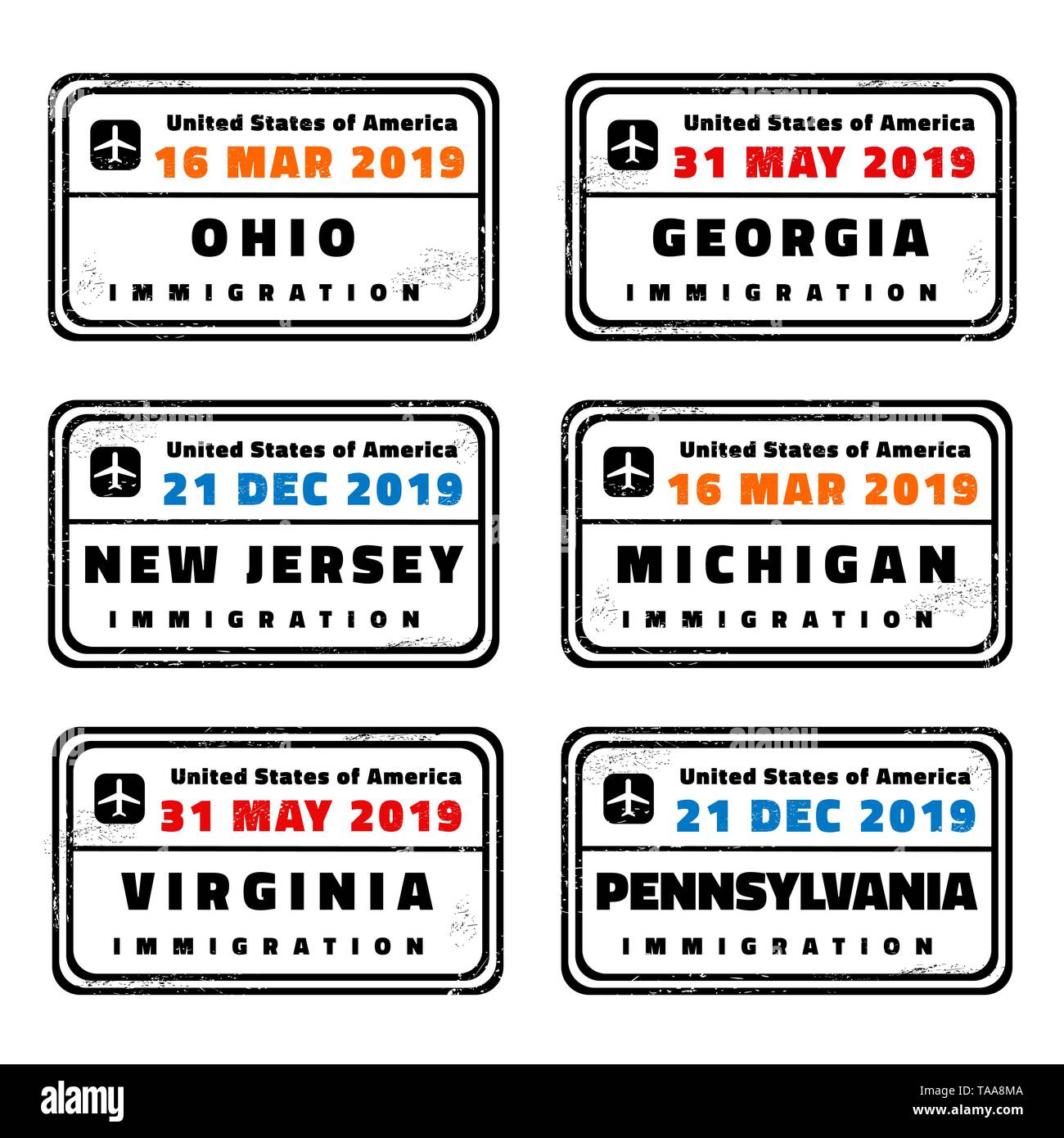 USA vector collection timbres de passeport : Ohio, Indiana, Michigan, New Jersey, la Virginie et la Pennsylvanie. Illustration de Vecteur