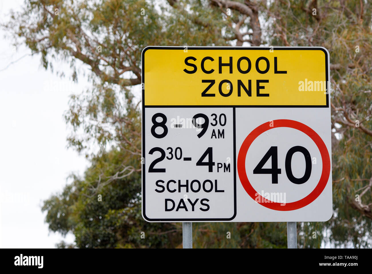 Australian road sign in school zone avec limite de vitesse 40 fois identification il est appliqué, Victoria Australie Banque D'Images