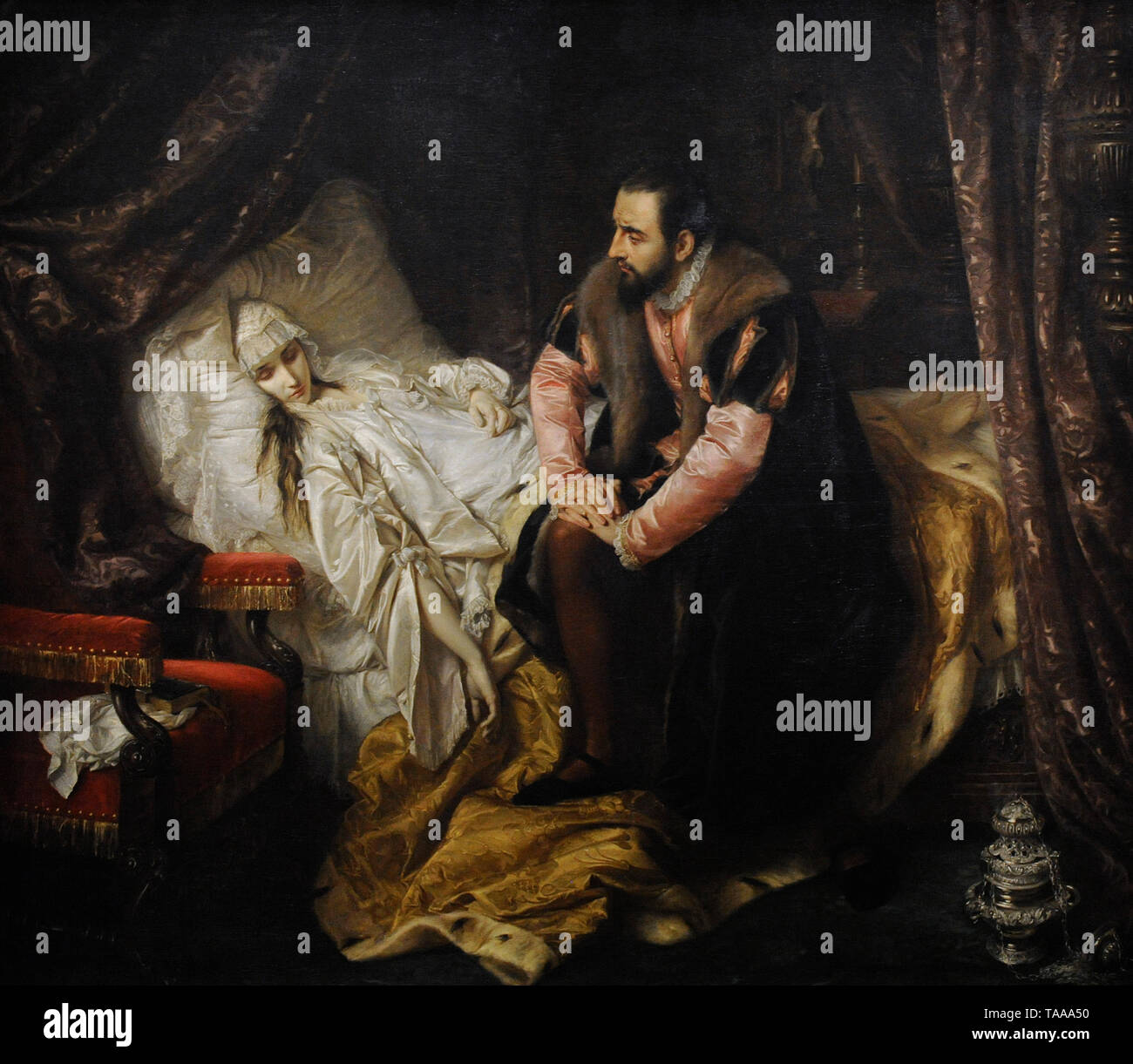Barbara Radziwill (1520-1551). Reine de Pologne. La mort de Barbara Radziwill, 1860, par Jozef Simmler (1823-1868). Musée national. Varsovie. La Pologne. Banque D'Images