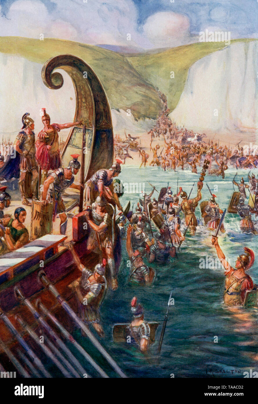 "Le débarquement des romains". Par Joseph Ratcliffe Skelton (1865-1927). La conquête romaine de la Grande-Bretagne a été un processus graduel, début efficacement dans votre annonce 43 sous l'empereur Claudius dont le général Aulus Plautius fut le premier gouverneur romain de Britannia. Banque D'Images