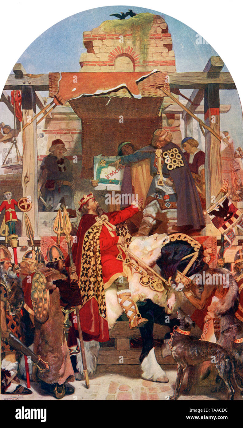 Alfred la Grande reconstruction des murs de Londres. Le roi Alfred le Grand (849-899) rétablit les murs romains autour de Londres. Alfred le Grand a rétabli le contrôle anglais de Londres en 886, renouvelant ses fortifications. Les vieux murs romains ont été réparés et le fossé défensif a été réhut, la vieille ville romaine qui a fait l'objet du site principal de la population. Banque D'Images