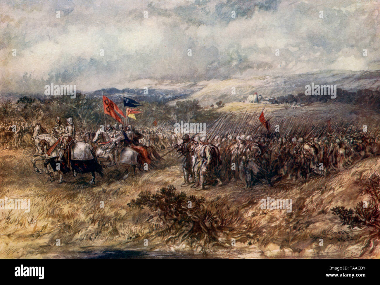 'Crusaders on the March' par Sir John Gilbert (1817-1897). Les peintures de Gilbert, qui présentent des scènes historiques et littéraires, présentent un romantisme théâtral qui a grandement séduit le goût victorien. Le terme 'Crusade' est utilisé pour décrire les campagnes militaires religieuses menées entre les 11th et 16th siècles, principalement mais pas exclusivement contre les musulmans du proche-Orient. Banque D'Images