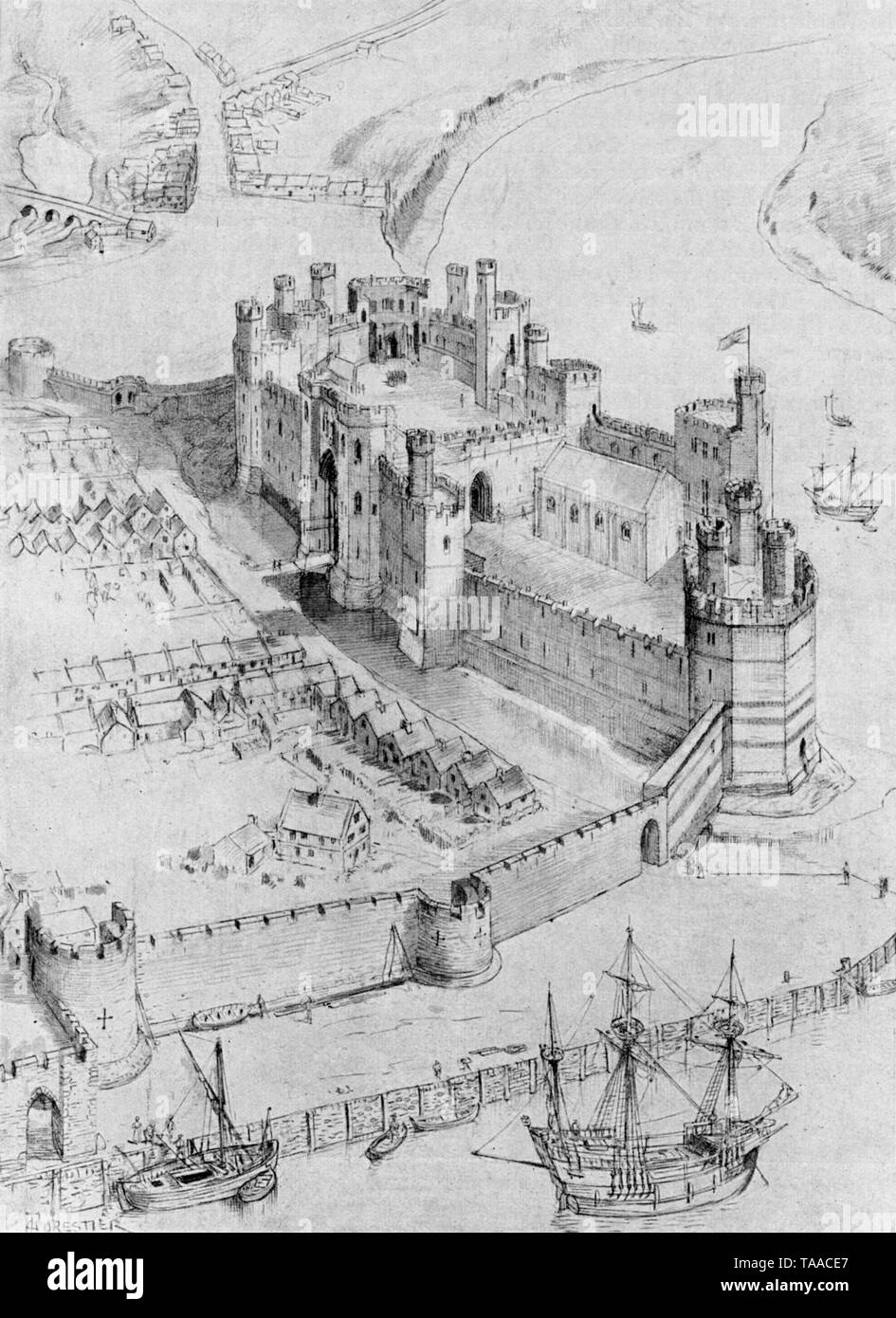 Château de Carnarvon dans ses jours de guerre. Un dessin de reconstruction de Sir Amedee Forestier (1854-1930). Le château de Carnarvon ou Caenarfon est un bâtiment médiéval situé à Gwynedd, dans le nord-ouest du pays de Galles. La structure actuelle a été commencée en 1283 par le roi Edward I d'Angleterre (1239-1307). Banque D'Images