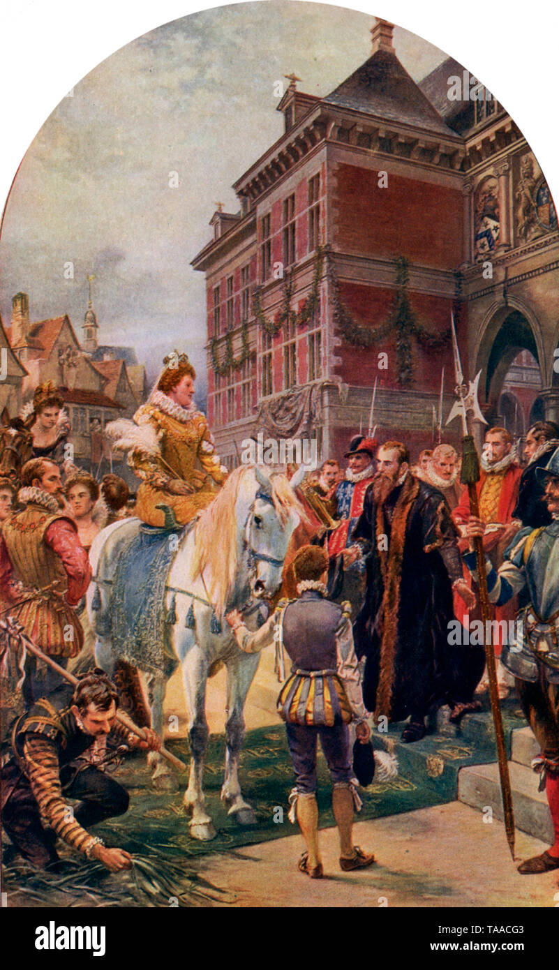 L'ouverture de la première Bourse royale par la reine Elizabeth. Après une fresque d'Ernest Crofts (1847-1911). La Bourse royale a été officiellement inaugurée par la reine Elizabeth I (1533-1603), qui a attribué à l'édifice son titre royal le 23 janvier 1571. Banque D'Images