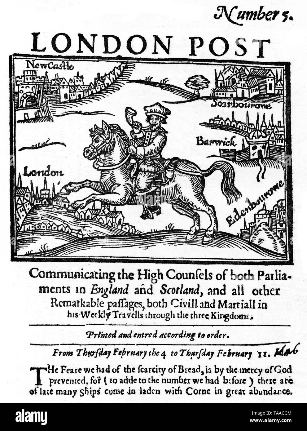 La première page du journal, après Londres 1646. Le poste de Londres est un exemple de début de journalisme, dont le 17e siècle vit une grande expansion. Banque D'Images
