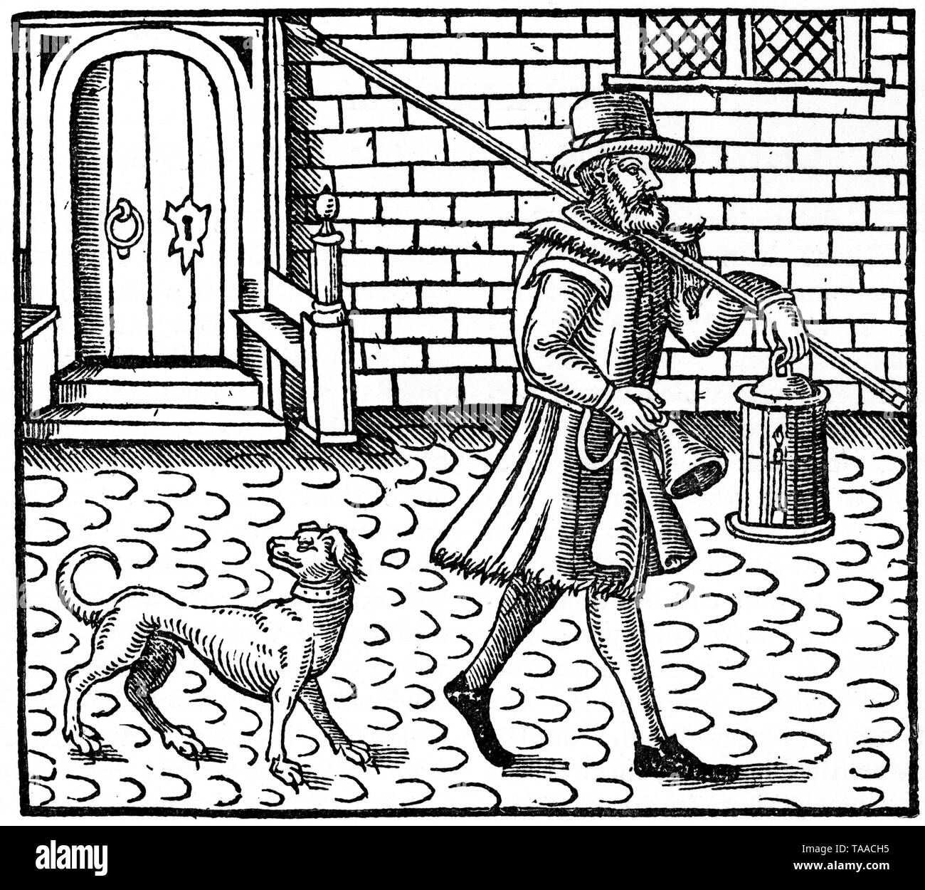 Le chasseur londonien du début du XVIIe siècle. Par Thomas Dekker (1572-1632). Frontispice de 'The Bellman of London', par Thomas Dekker (1572-1632), 1616. Imprimé par beurre de Nathaniel, 1608. Banque D'Images