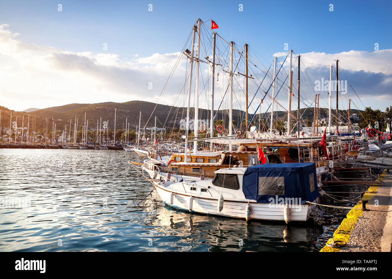 Port avec bateaux en mer Egée dans Bodrum tropical en journée ensoleillée, Turquie Banque D'Images