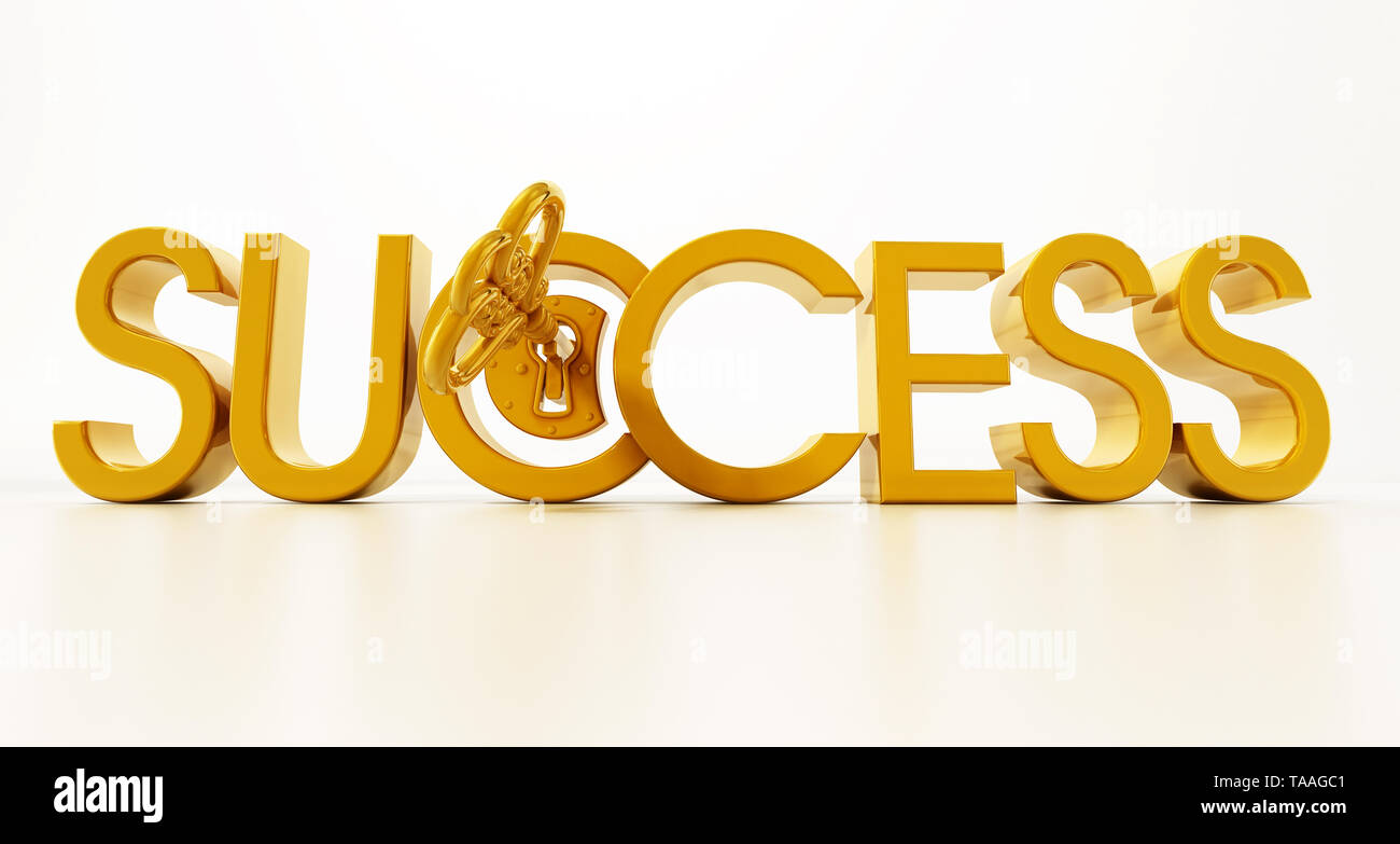 Déverrouillage de Golden Key word succès. 3D illustration. Banque D'Images