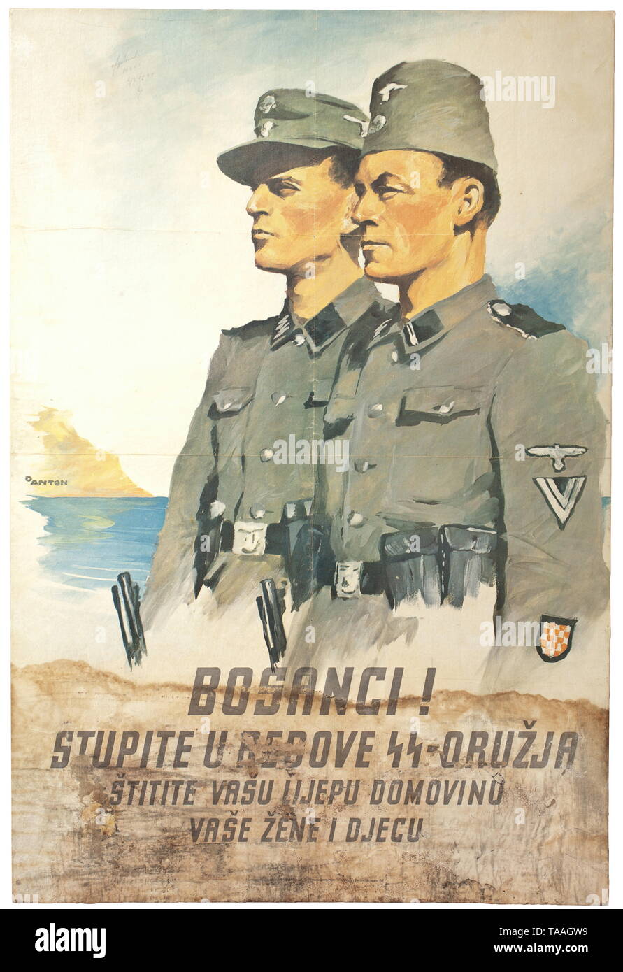 Une affiche promotionnelle croate pour la Waffen-SS design par Ottomar Anton (1895 - 1976), historique, historique du 20e siècle, années 1930, années 1940, Waffen-SS, division de l'armée des SS, un service armé, forces armées, NS, le National-socialisme, le Nazisme, Troisième Reich, l'Empire allemand, l'Allemagne, militaire, militaria, ustensile, pièce de l'équipement, les ustensiles, objet, objets, alambics, clipping, coupures, cut out, cut-out, cut-outs, fascisme, National-socialiste, fasciste, nazi, période nazie, Editorial-Use-seulement Banque D'Images