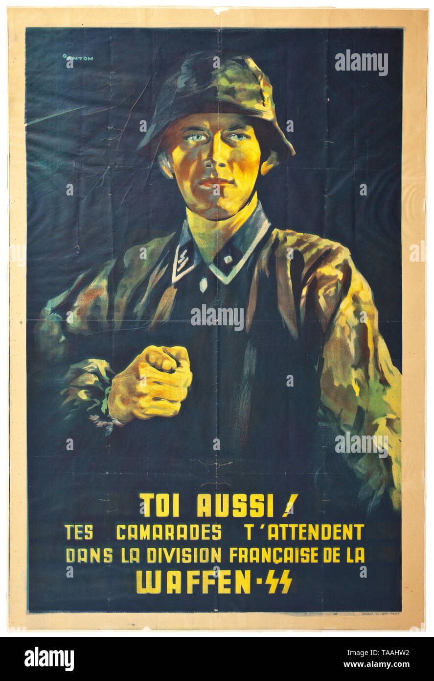 La propagande française une affiche publicitaire de la Waffen-SS design par Ottomar Anton (1895 - 1976), historique, historique du 20e siècle, années 1930, années 1940, Waffen-SS, division de l'armée des SS, un service armé, forces armées, NS, le National-socialisme, le Nazisme, Troisième Reich, l'Empire allemand, l'Allemagne, militaire, militaria, ustensile, pièce de l'équipement, les ustensiles, objet, objets, alambics, clipping, coupures, cut out, cut-out, cut-outs, fascisme, National-socialiste, fasciste, nazi, période nazie, Editorial-Use-seulement Banque D'Images