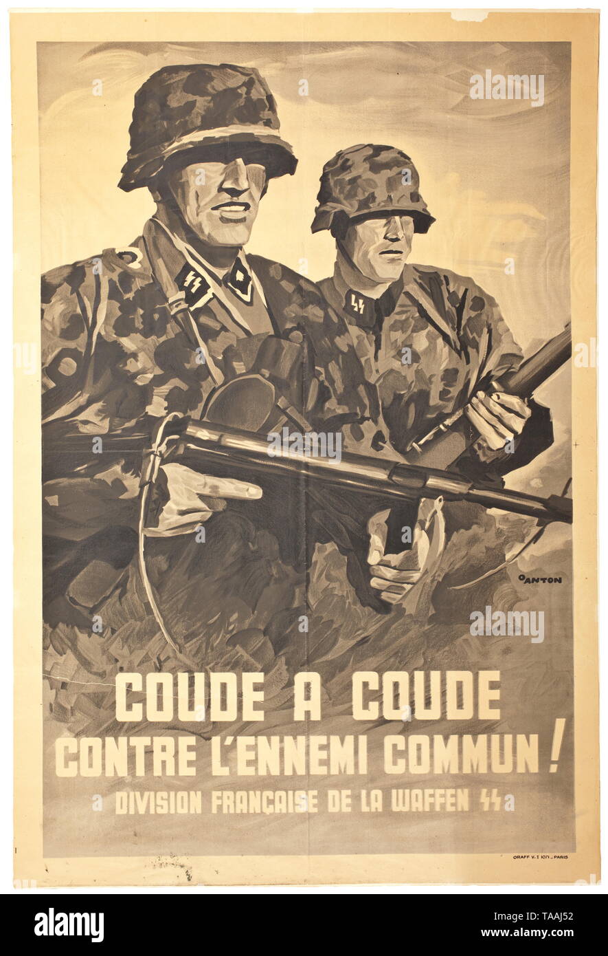 La propagande française une affiche publicitaire de la Waffen-SS design par Ottomar Anton (1895 - 1976), historique, historique du 20e siècle, années 1930, années 1940, Waffen-SS, division de l'armée des SS, un service armé, forces armées, NS, le National-socialisme, le Nazisme, Troisième Reich, l'Empire allemand, l'Allemagne, militaire, militaria, ustensile, pièce de l'équipement, les ustensiles, objet, objets, alambics, clipping, coupures, cut out, cut-out, cut-outs, fascisme, National-socialiste, fasciste, nazi, période nazie, Editorial-Use-seulement Banque D'Images