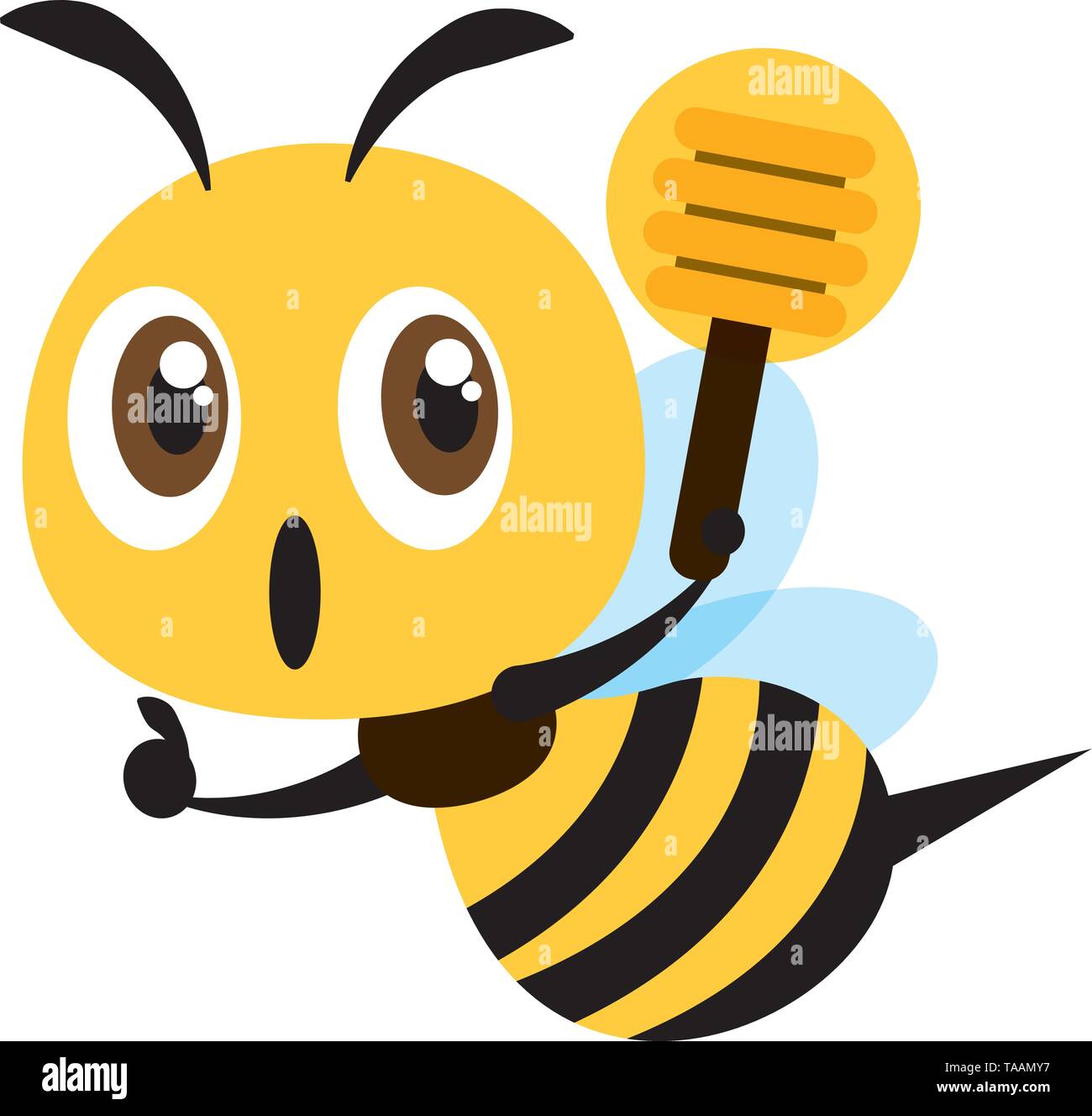 Modèle plat cute bee tenant un balancier de miel avec thumb up part signe. Télévision vector illustration. Illustration de Vecteur