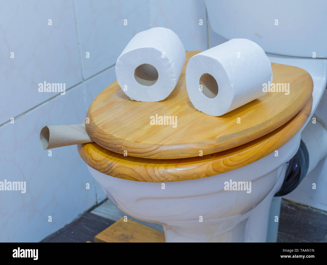 Un visage formé par deux rouleaux de papier toilettes sur une image avec couvercle espace copie au format paysage Banque D'Images