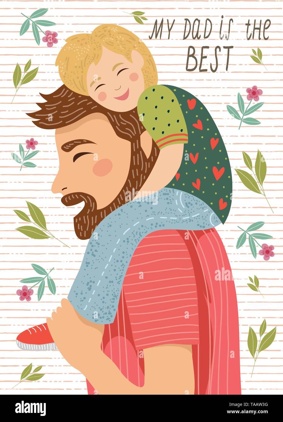 Dessin à la main de mon père et l'enfant assis sur ses épaules sur un fond blanc avec des fleurs et des feuilles Illustration de Vecteur